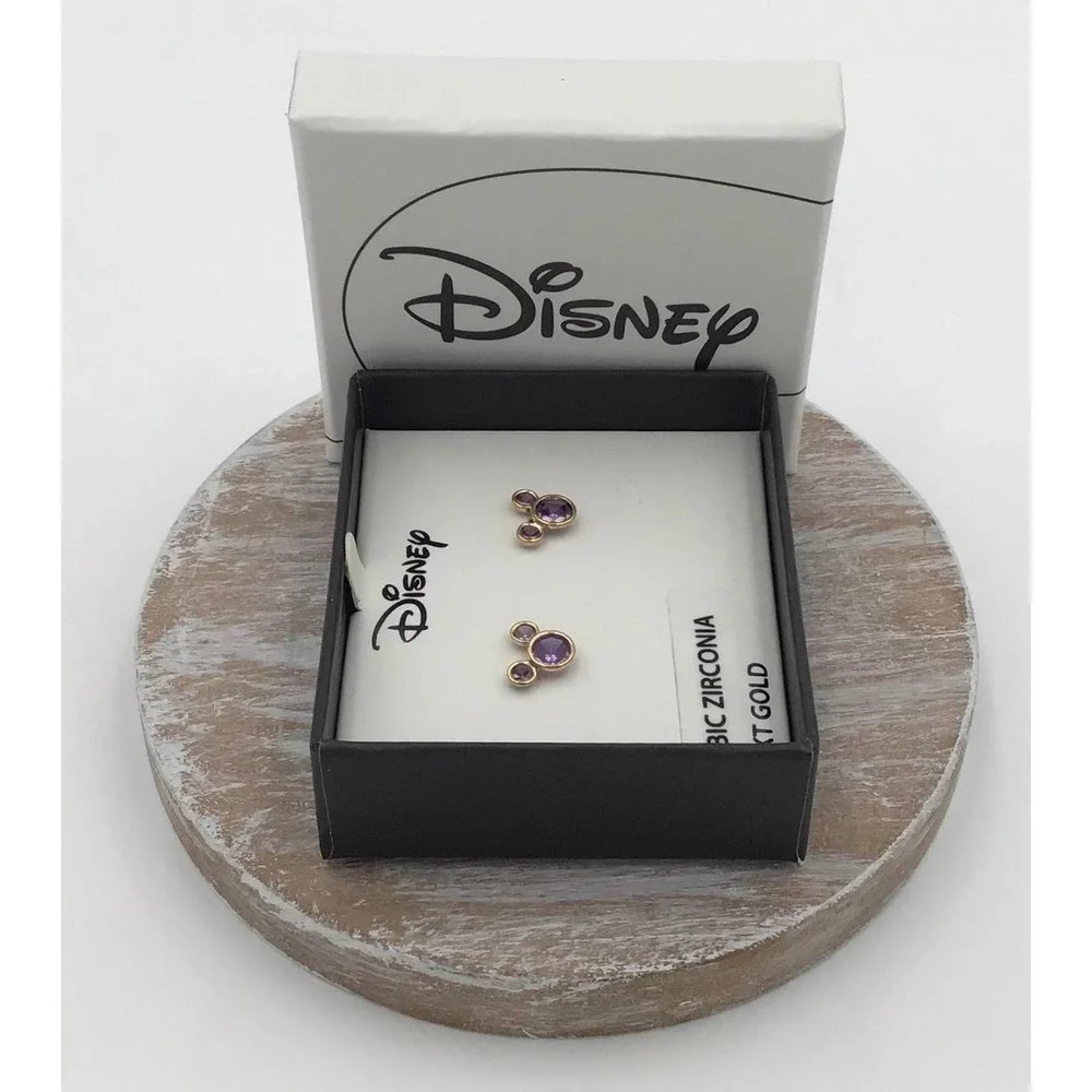 Disney Mickey Mouse Earrings 10kt Gold Purple Cubic Zirconia February Birthstone